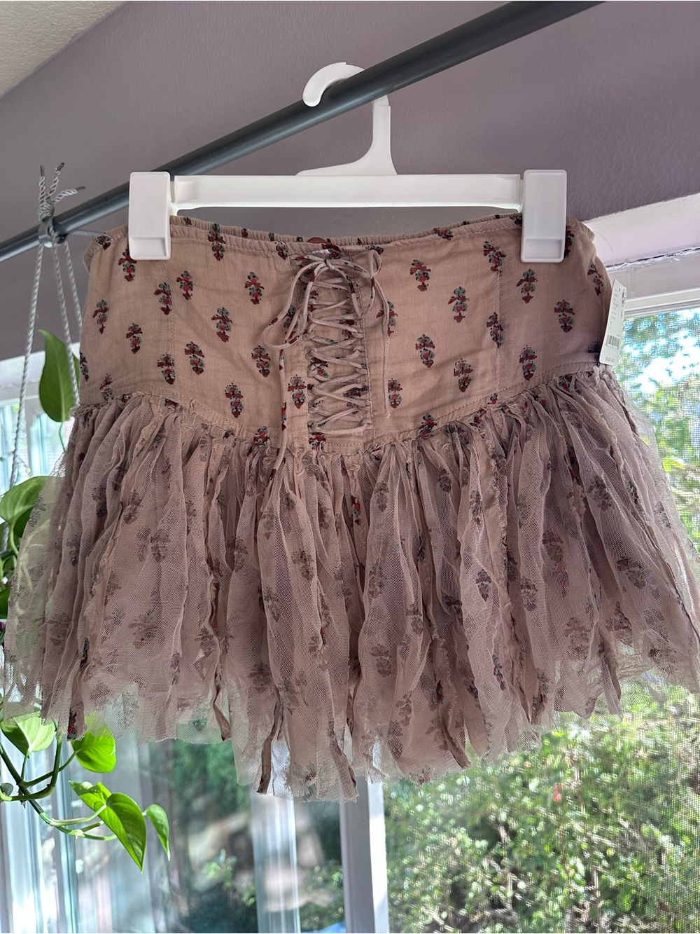 FREE PEOPLE Dusty Mauve Lace-Up Floral Tulle Mini Skort